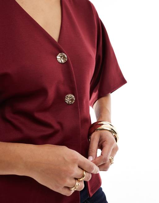 ASOS DESIGN - Bordeaux kortærmet cardigan med guldfarvede knapper i pontestof, 4 af 4