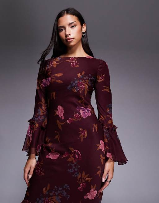 ASOS DESIGN - Bordeaux lagdelt maxikjole med lange ærmer, flæser og blomstermønster i chiffon, 2 af 4