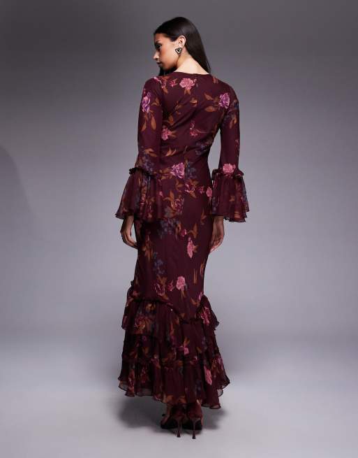 ASOS DESIGN - Bordeaux lagdelt maxikjole med lange ærmer, flæser og blomstermønster i chiffon, 3 af 4