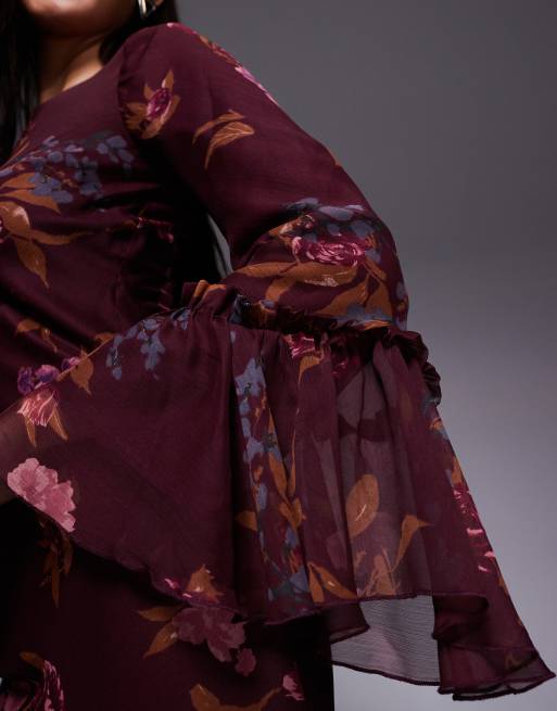 ASOS DESIGN - Bordeaux lagdelt maxikjole med lange ærmer, flæser og blomstermønster i chiffon, 4 af 4