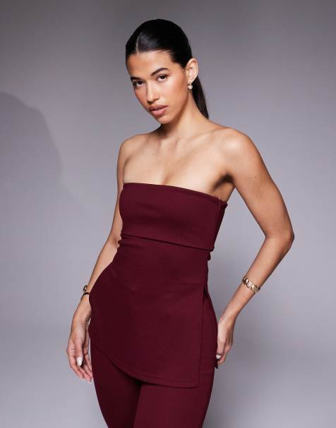 ASOS DESIGN - Bordeaux longline-top med bandeau-snit og foldekant i jersey-twill - Del af sæt - view 1