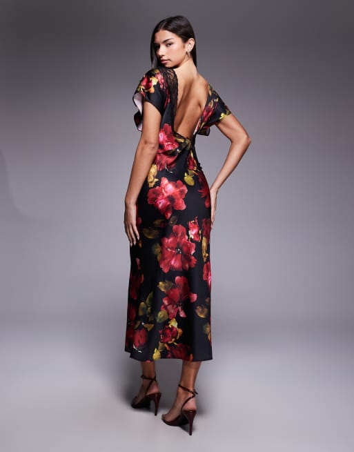 ASOS DESIGN - Bordeaux maxikjole i satin med asymmetrisk snit og ærmer med blondedetaljer, 4 af 4
