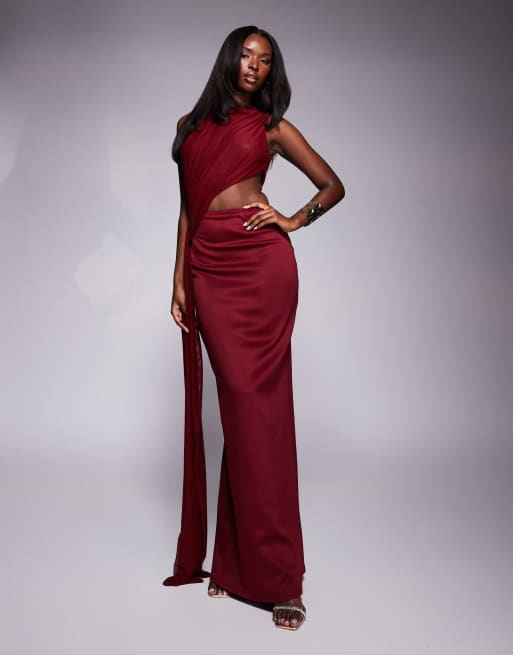 ASOS DESIGN - Bordeaux maxikjole med høj hals og detalje med draperet sideslæb i mesh i scuba-stof