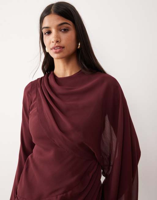 ASOS DESIGN - Bordeaux maxikjole med lange blouson-ærmer og drapering foran, 4 af 4