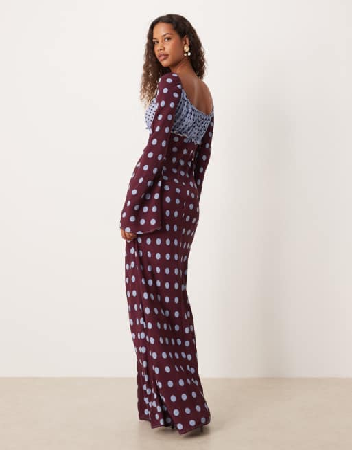 ASOS DESIGN - Bordeaux maxikjole med lange ærmer, flæsedetalje og prikker, 4 af 4