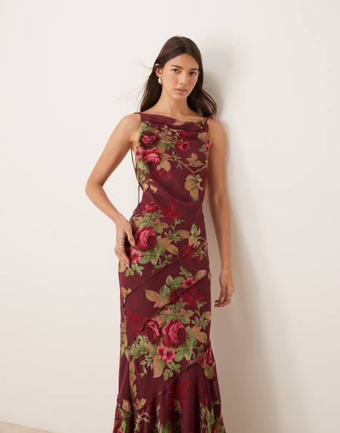 ASOS DESIGN - Bordeaux maxikjole med vandfaldsudskæring og blomstermønster i skråtskåret devoré - view 1