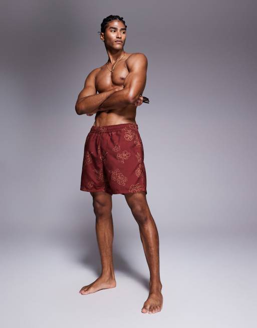 ASOS DESIGN - Bordeaux mellemlange badeshorts med blomstermønster, 3 af 4