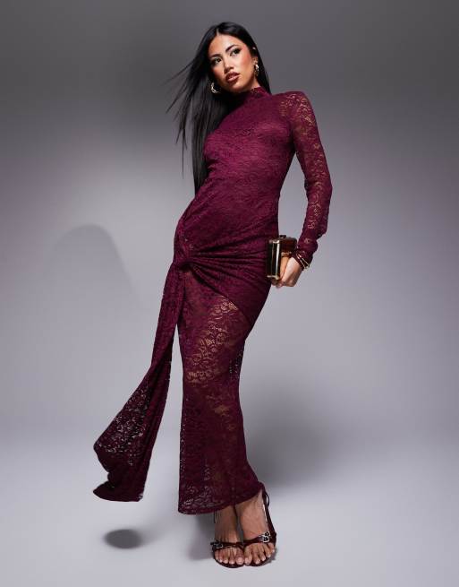 ASOS DESIGN - Bordeaux midikjole med lange ærmer, blonder, åben ryg og slå-om-snit foran