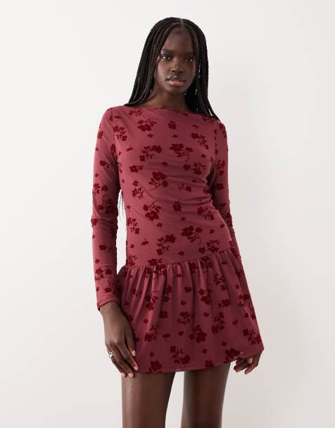 ASOS DESIGN - Bordeaux minikjole i mesh med velouriseret blomstermønster - view 1