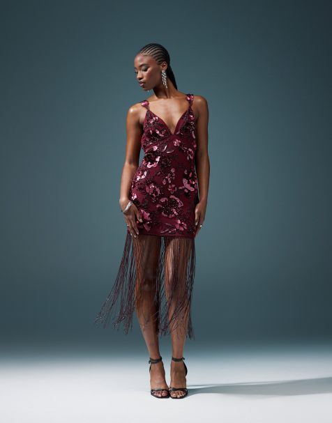 ASOS DESIGN - Bordeaux minikjole med blomsterudsmykning og perlefrynser - view 1