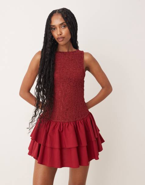 ASOS DESIGN - Bordeaux minikjole med blondeoverdel og poplinskørt - view 1