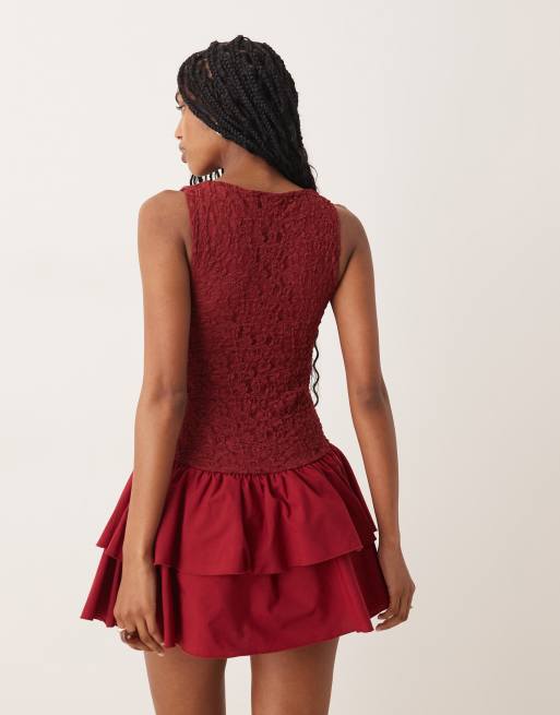 ASOS DESIGN - Bordeaux minikjole med blondeoverdel og poplinskørt, 4 af 4