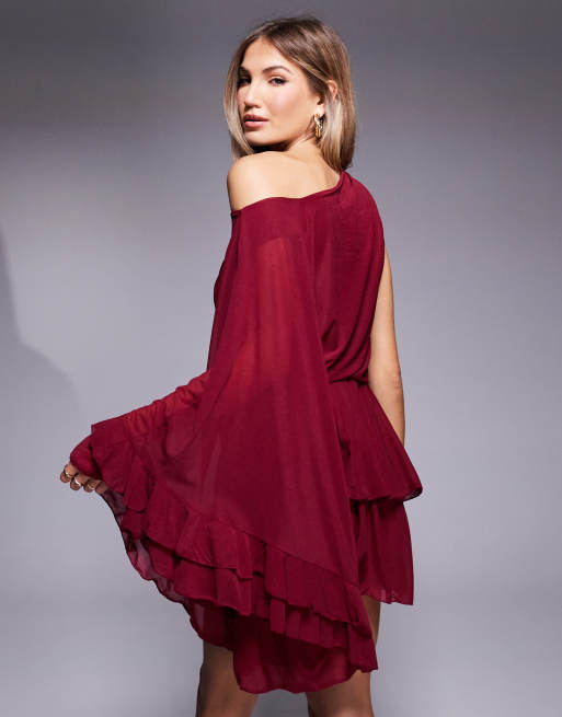 ASOS DESIGN - Bordeaux minikjole med enkelt ærme og stretch i chiffon, 2 af 4