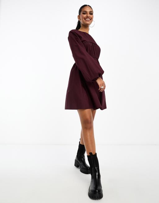 ASOS DESIGN - Bordeaux minikjole med rynkede detaljer på brystet i bomuldspoplin, 2 af 4