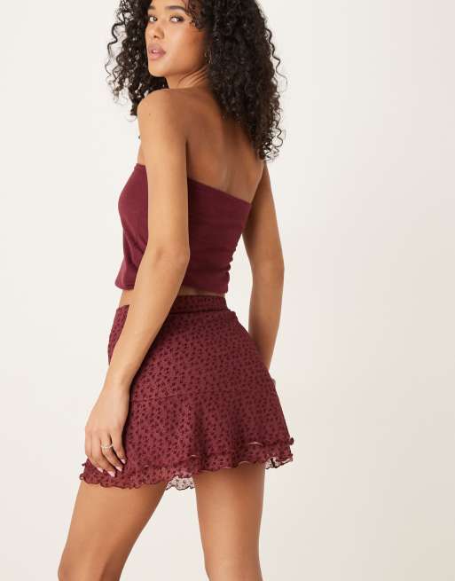 ASOS DESIGN - Bordeaux mininederdel med bølgekant og blomstermønster i mesh, 5 af 5