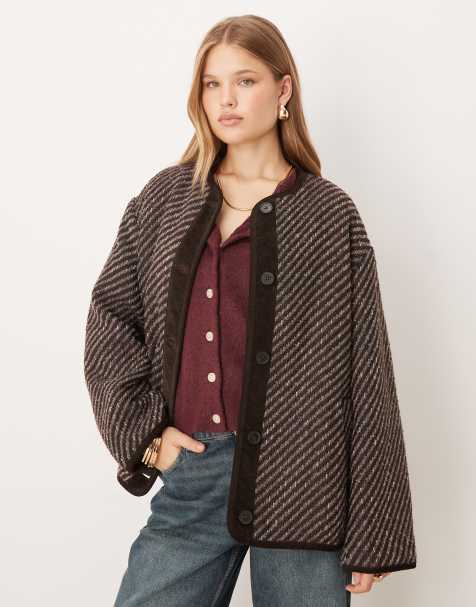 ASOS DESIGN - Bordeaux og blå kraveløs jakke med sildebensmønster - view 1