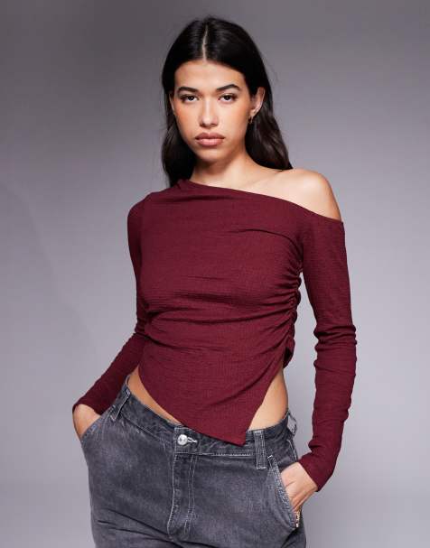 ASOS DESIGN - Bordeaux oneshoulder-top med lange ærmer, rynker og tekstur - view 1