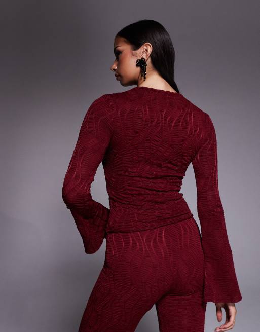 ASOS DESIGN - Bordeaux overdel med tekstur og lange trompetærmer - Del af sæt, 4 af 4