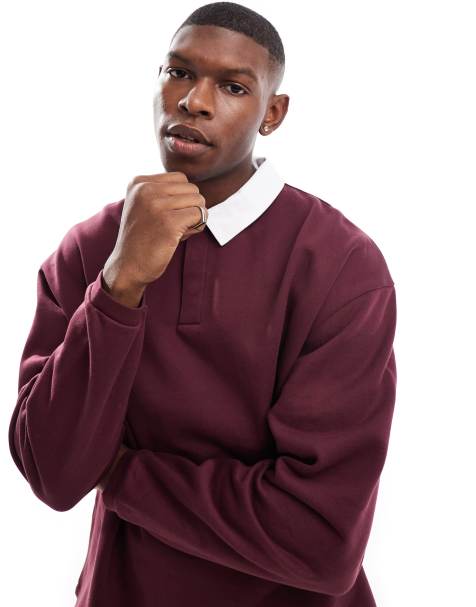 ASOS DESIGN - Bordeaux oversized rugby-sweatshirt med polokrave - view 1