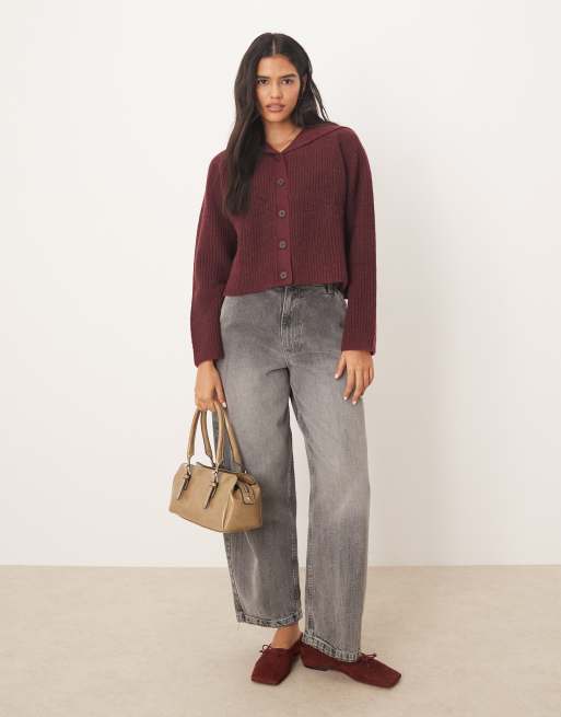 ASOS DESIGN - Bordeaux patentstrikket cardigan med sejlerkrave, 3 af 4