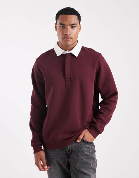 ASOS DESIGN - Bordeaux polo-sweatshirt med rugby-design og kontrasterende krave - view 1