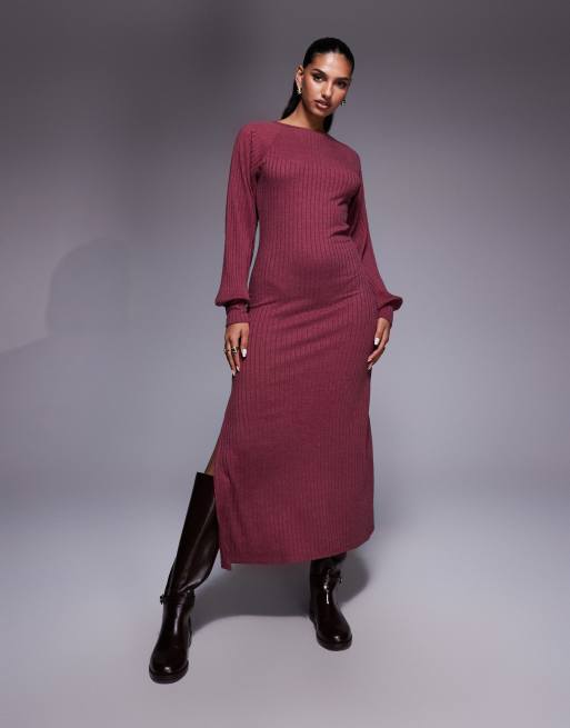ASOS DESIGN - Bordeaux ribstrikket maxikjole med lange ballonærmer, 2 af 4