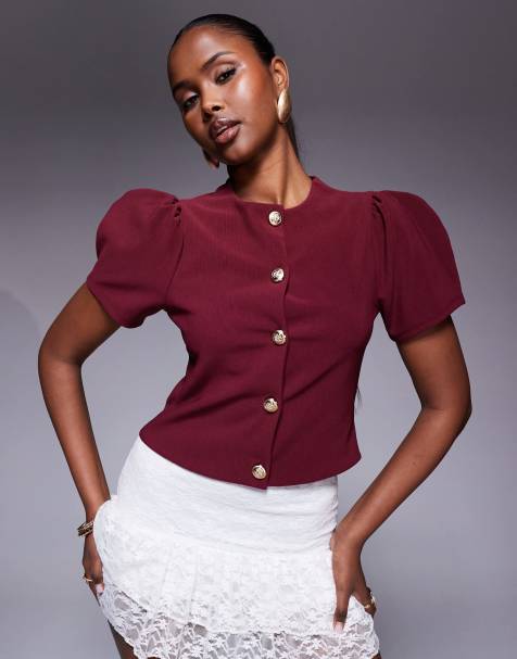 ASOS DESIGN - Bordeaux ribstrikket overdel med struktur, pufærmer og gennemgående knapper - view 1