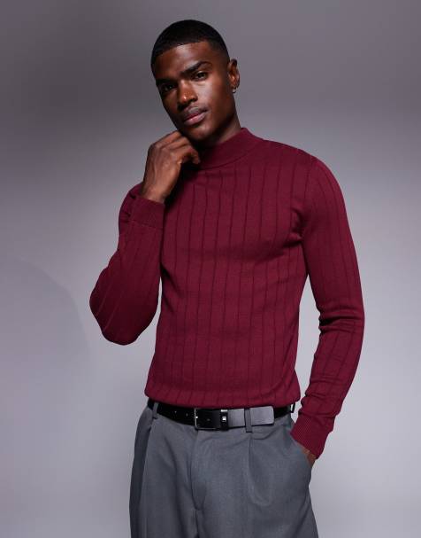 ASOS DESIGN - Bordeaux ribstrikket tætsiddende T-shirt med lange ærmer og rullekrave - view 1