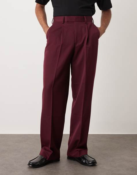 ASOS DESIGN - Bordeaux skræddersyede bukser med brede ben og plisseringer foran - view 1