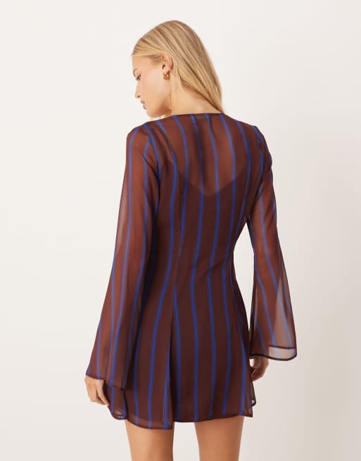 ASOS DESIGN - Bordeaux slå-om-minikjole med bindebånd og striber, 3 af 4