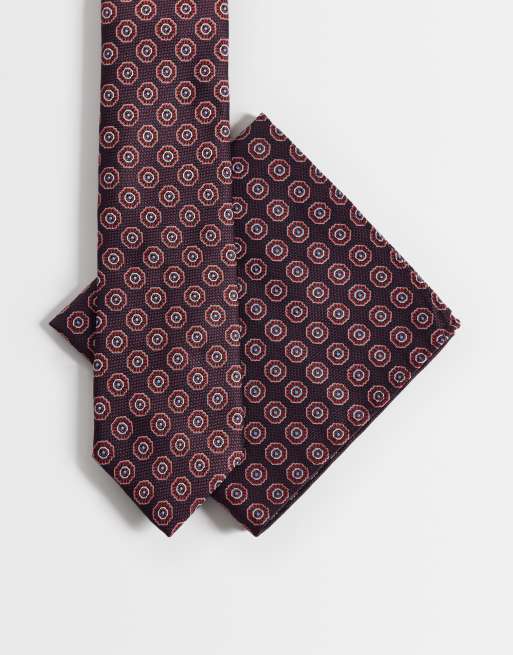 ASOS DESIGN - Bordeaux slips og lommeklud med geometrisk mønster i vintage-stil