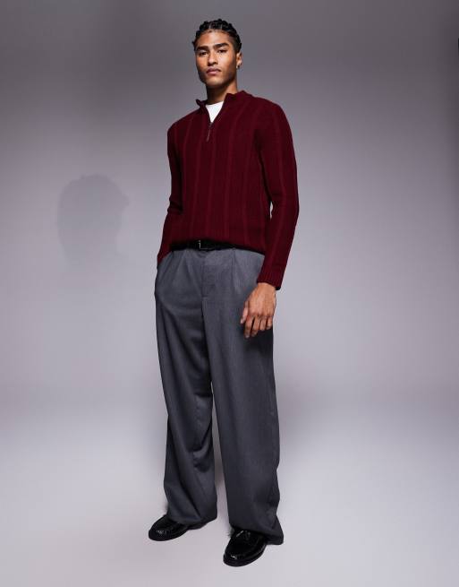 ASOS DESIGN - Bordeaux strikket trøje med ståkrave, halv lynlås og striber, 2 af 5