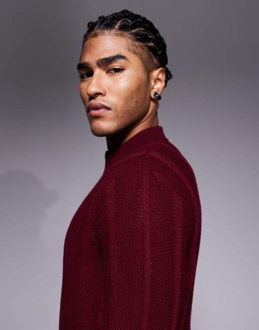 ASOS DESIGN - Bordeaux strikket trøje med ståkrave, halv lynlås og striber, 4 af 5