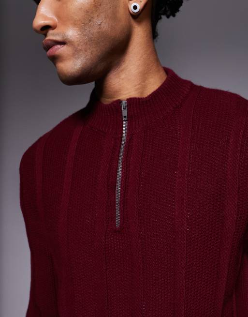 ASOS DESIGN - Bordeaux strikket trøje med ståkrave, halv lynlås og striber, 5 af 5