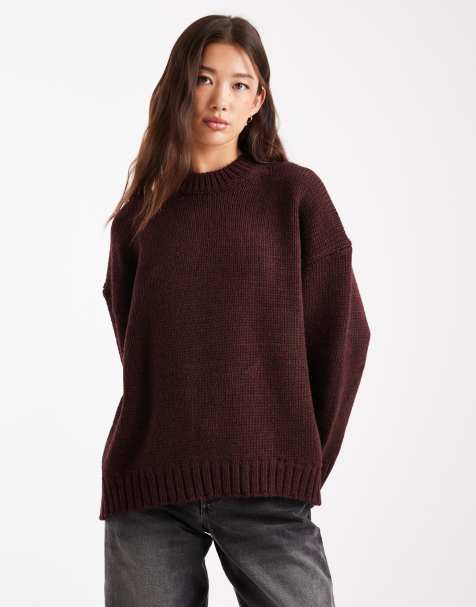 ASOS DESIGN - Bordeaux super-oversized trøje med buet kant og rund hals i chunky strik - view 1