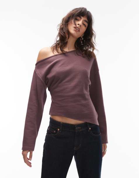 ASOS DESIGN - Bordeaux superblød offshoulder-top med lange ærmer og korsettalje - view 1