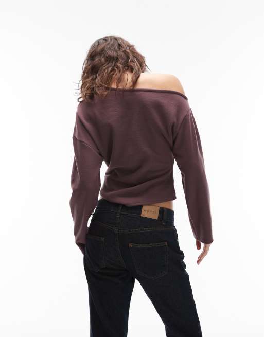 ASOS DESIGN - Bordeaux superblød offshoulder-top med lange ærmer og korsettalje, 3 af 4