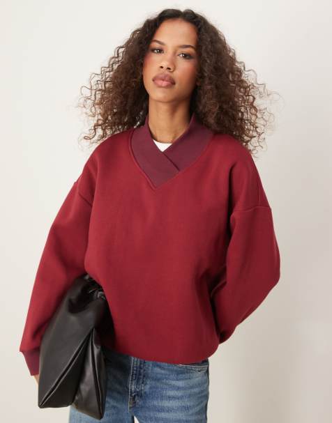 ASOS DESIGN - Bordeaux sweatshirt med høj V-hals og kontrasterende kanter - view 1