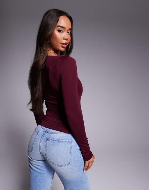 ASOS DESIGN - Bordeaux top med hjerteformet hals og lange ærmer i dobbeltlag, 3 af 4
