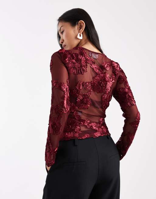 ASOS DESIGN - Bordeaux top med lange ærmer og broderet blomstermønster i mesh, 2 af 4