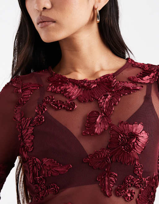 ASOS DESIGN - Bordeaux top med lange ærmer og broderet blomstermønster i mesh, 3 af 4