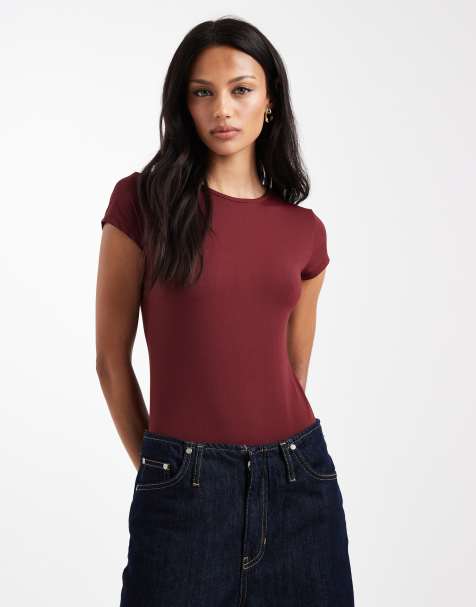 ASOS DESIGN - Bordeaux tætsiddende bodystocking med korte ærmer i polyamid - view 1