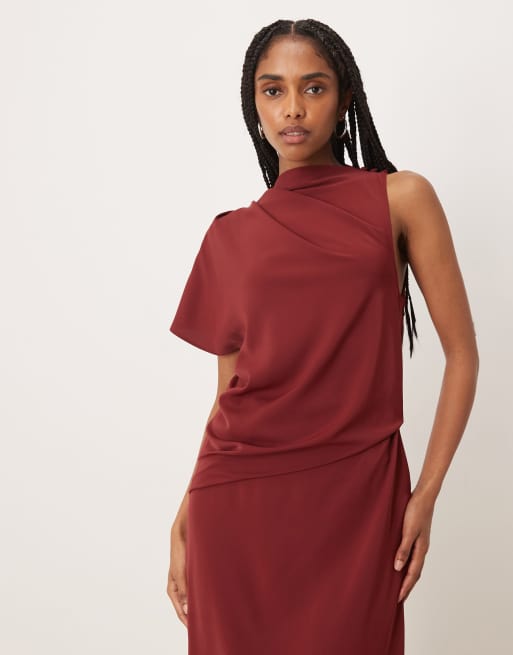 ASOS DESIGN - Bordeaux tætsiddende kjole med enkelt ærme og draperinger, 2 af 4