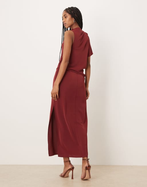 ASOS DESIGN - Bordeaux tætsiddende kjole med enkelt ærme og draperinger, 4 af 4