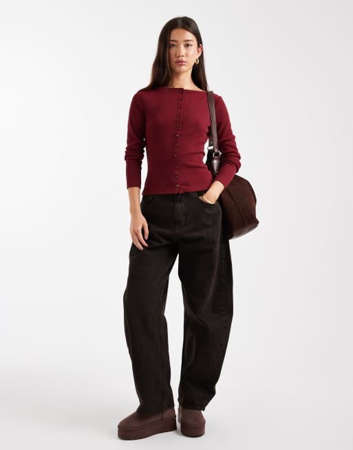 ASOS DESIGN - Bordeaux tætsiddende top med gennemgående knapper i smal ribstrik, 3 af 4