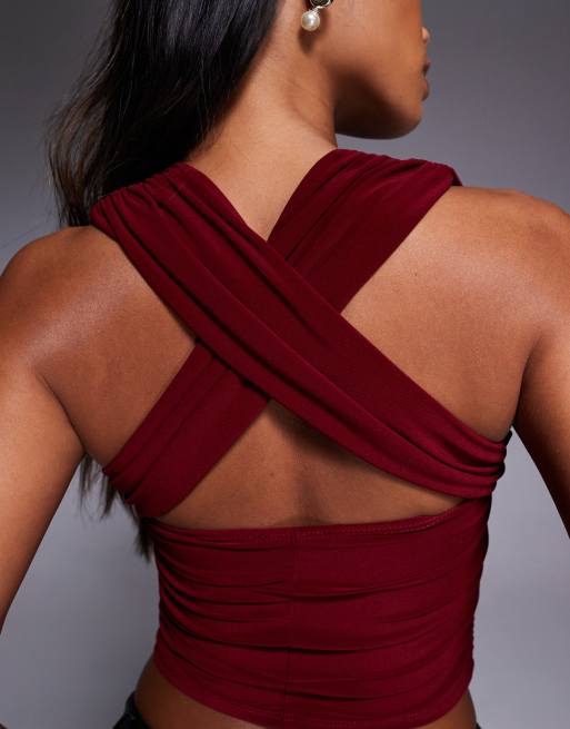ASOS DESIGN - Bordeaux tætsiddende top med halterneck og rynker over brystet, 2 af 4