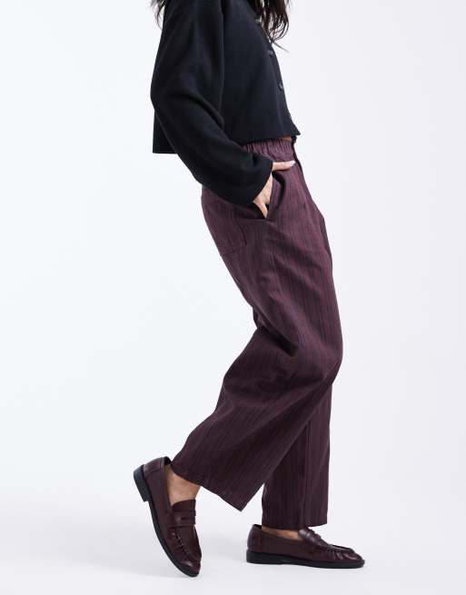 ASOS DESIGN - Bordeaux vaskede pull-on-bukser med tøndeformede ben og marineblå striber , 2 af 5