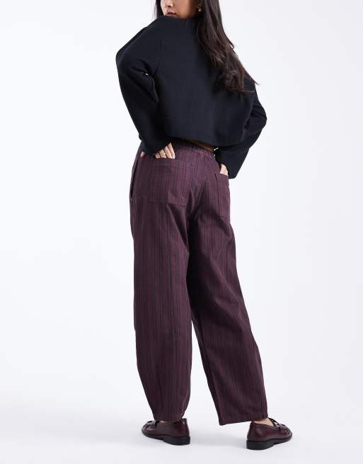 ASOS DESIGN - Bordeaux vaskede pull-on-bukser med tøndeformede ben og marineblå striber , 3 af 5