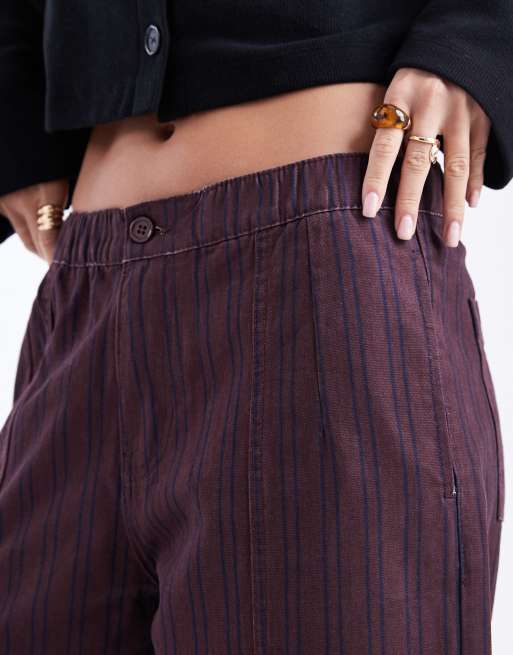 ASOS DESIGN - Bordeaux vaskede pull-on-bukser med tøndeformede ben og marineblå striber , 5 af 5