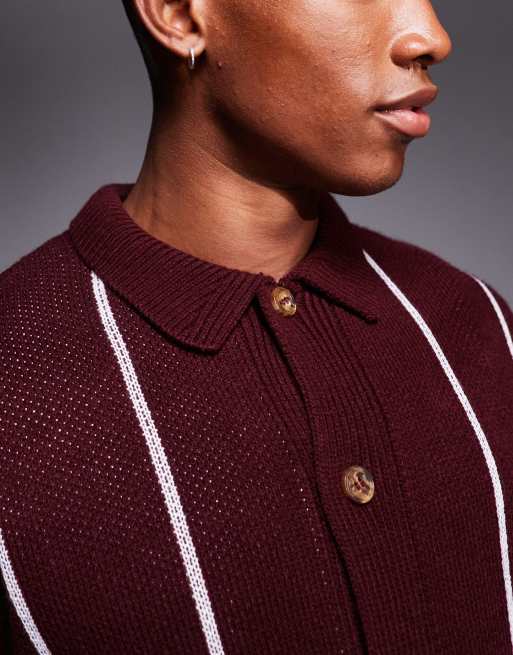 ASOS DESIGN - Bordeauxrød, afslappet og strikket polo med knapper og kontrastfarvede sømme, 3 af 4